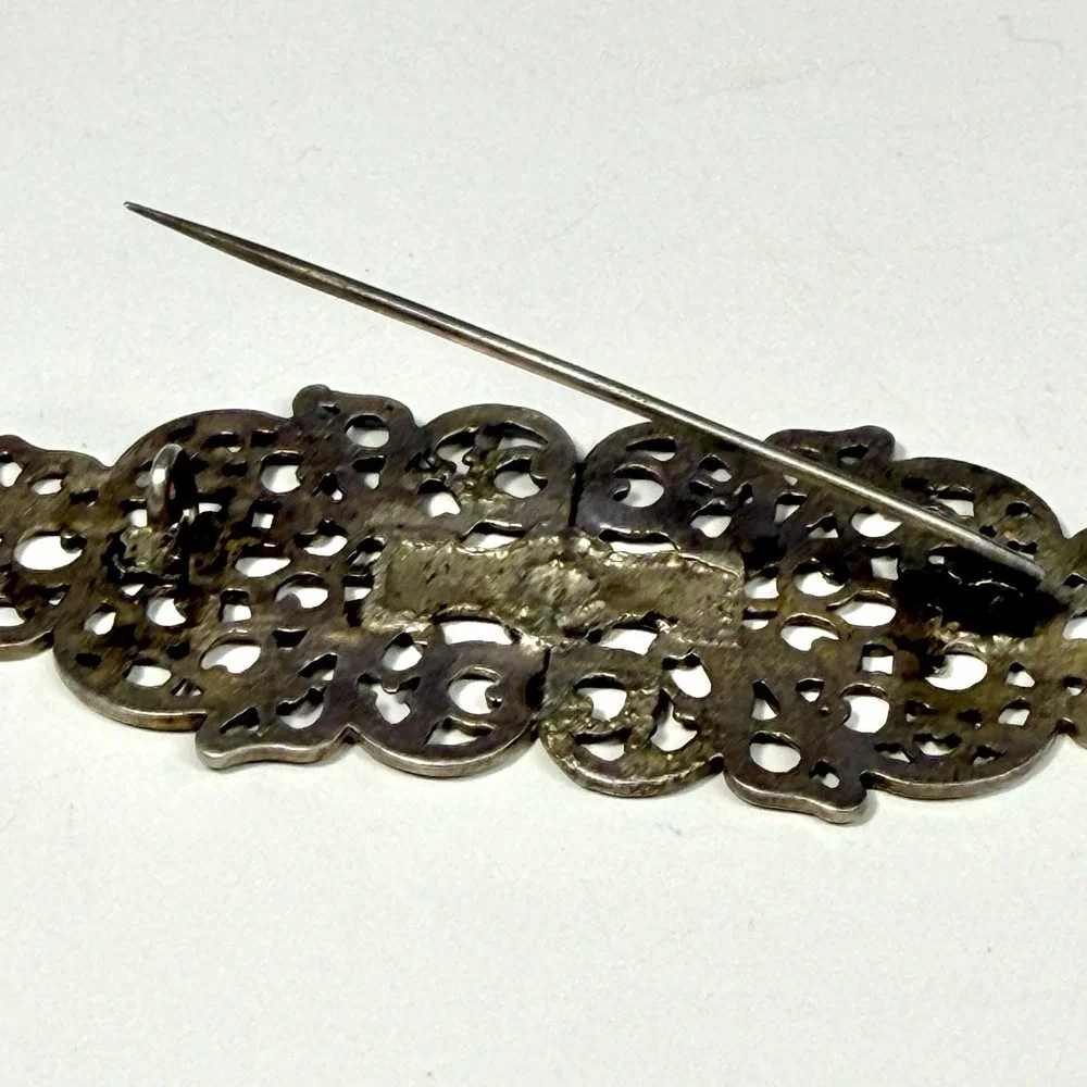 Antique Art Nouveau Filigree Brooch Silver Tone Ornate Open Scroll C Clasp 3